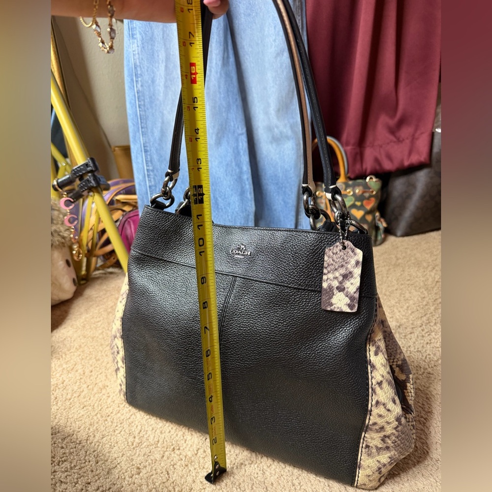 Coach Black Pebbled Leather Snake Trim Tote F57505 Shoulder Bag Python Accent 🖤🐍 - Picture 11 of 17